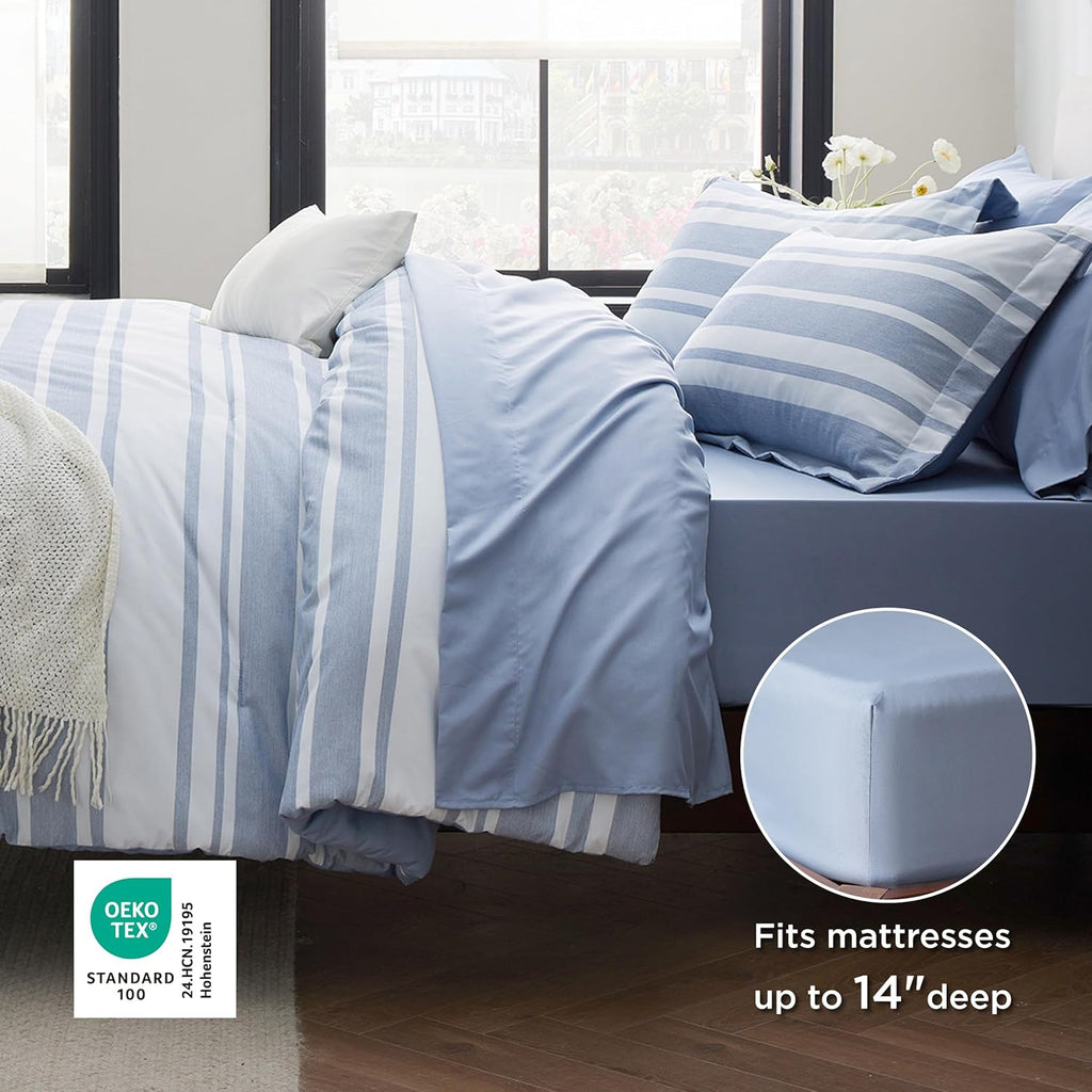 Queen Comforter Set 7 Pieces, Blue Striped Bedding Set for All Seasons, Reversible