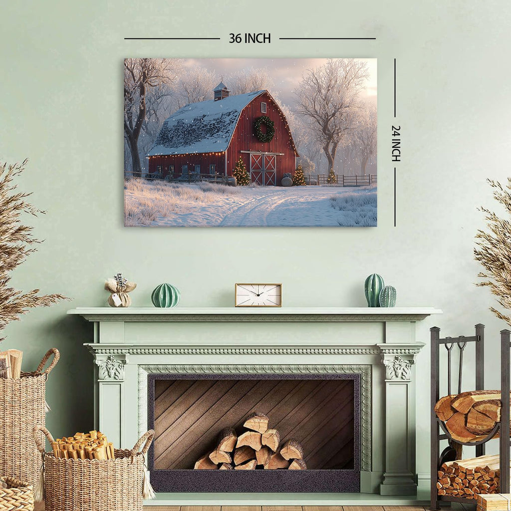 Nature Farmhouse Canvas Wall Art Red Barn Poster Christmas Tree Prints Picture Rustic Country Snow Pictures Wall
