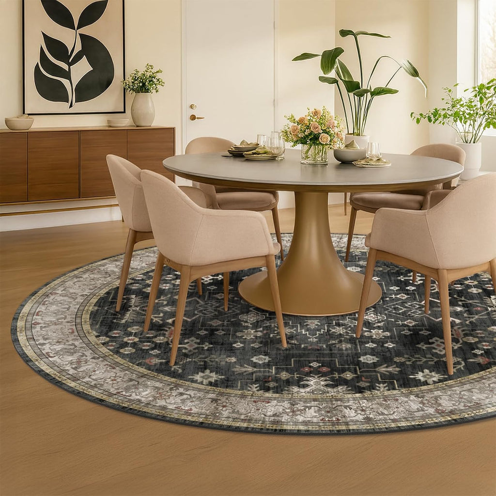 Black Boho Washable Round Rug 8ft - Large Area Rug for Living Room, Bedroom, Dining Room Low Pile No