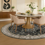 Black Boho Washable Round Rug 8ft - Large Area Rug for Living Room, Bedroom, Dining Room Low Pile No