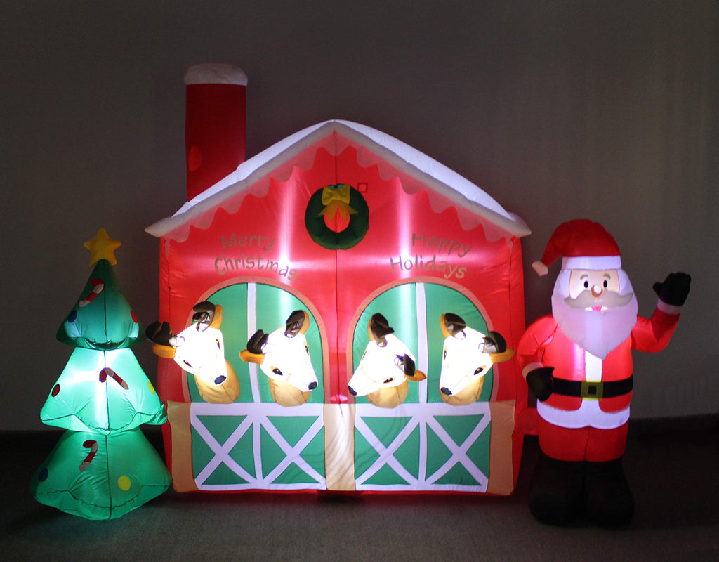 9 Foot Long Christmas Inflatable Santa Claus Reindeer in Stable