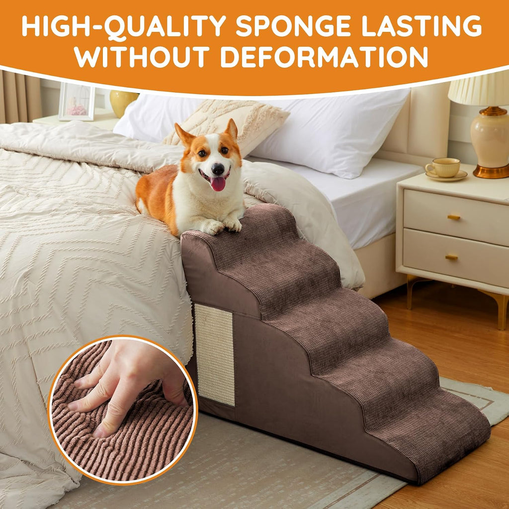 Dog Stairs for Small Dogs 22.6" H, Dog Ramp for Bed, 5-Step, Coffee