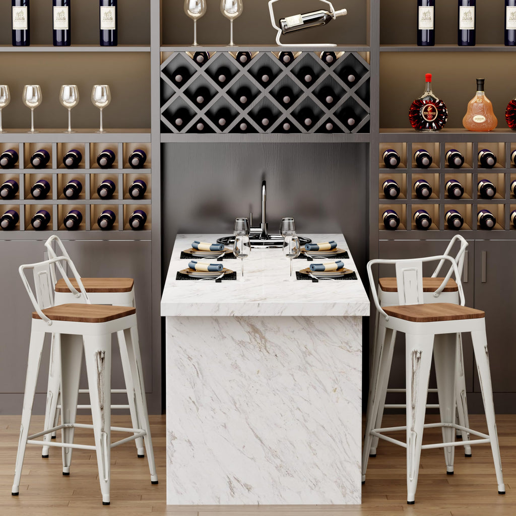 24" Barstools Set of 4 Counter Height Bar Stools Chair-Distressed White