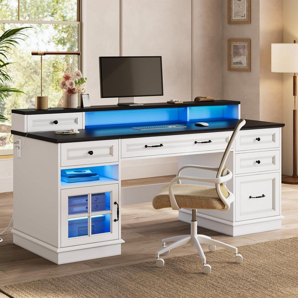 Farmhouse Executive Desk with Drawers Computer Desk with File Drawers, Power Outlet and Led Lights