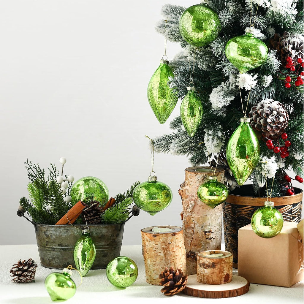 12 Pcs Lime Green Mercury Glass Christmas Ball Ornaments Vintage