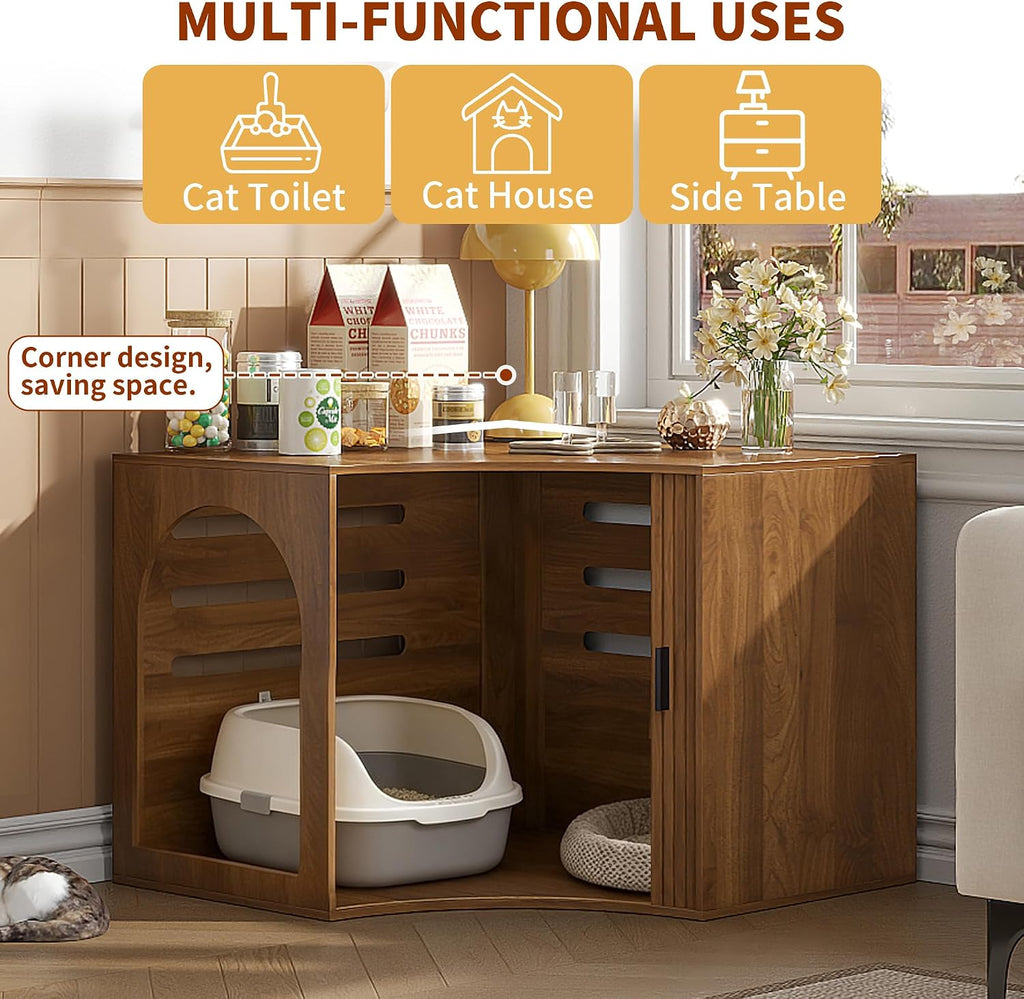 31.38" Corner Cat Litter Box Enclosure Furniture with Sliding Door