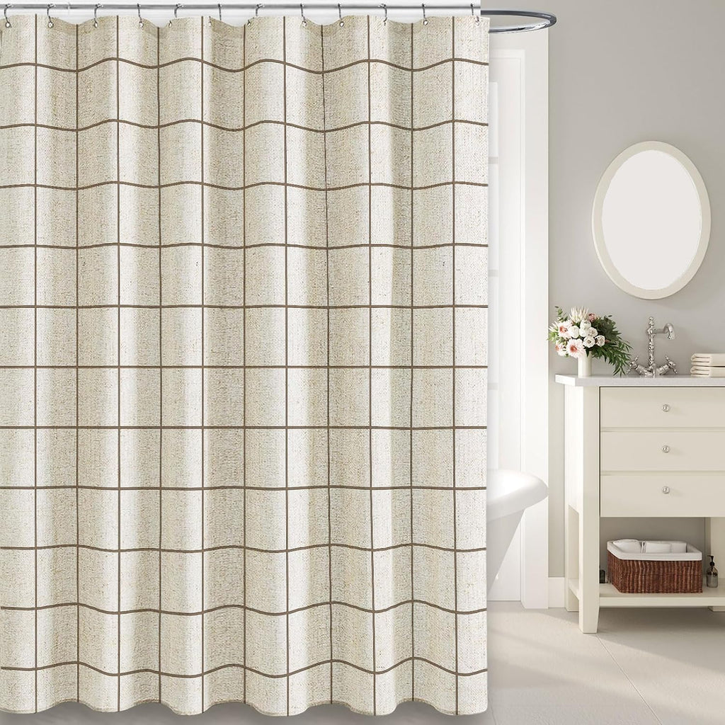 Farmhouse Plaid Shower Curtain Beige Linen Shower Curtains Natural Beige Pattern 72 x 72 Inch