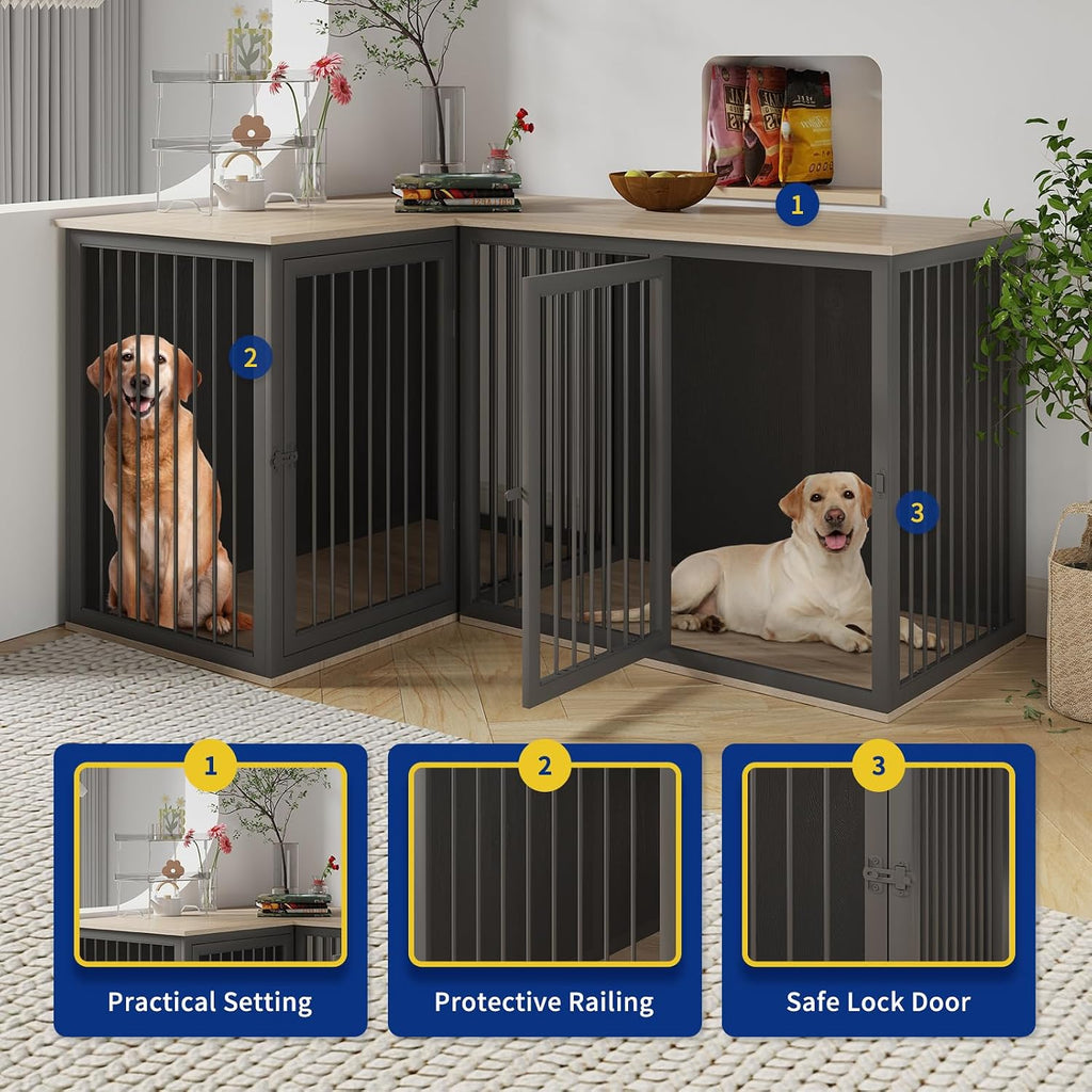 Dog Crate Furniture for 2 Dogs, Large Dog Kennel Furniture with Dividers and Double Doors, All Steel Frame