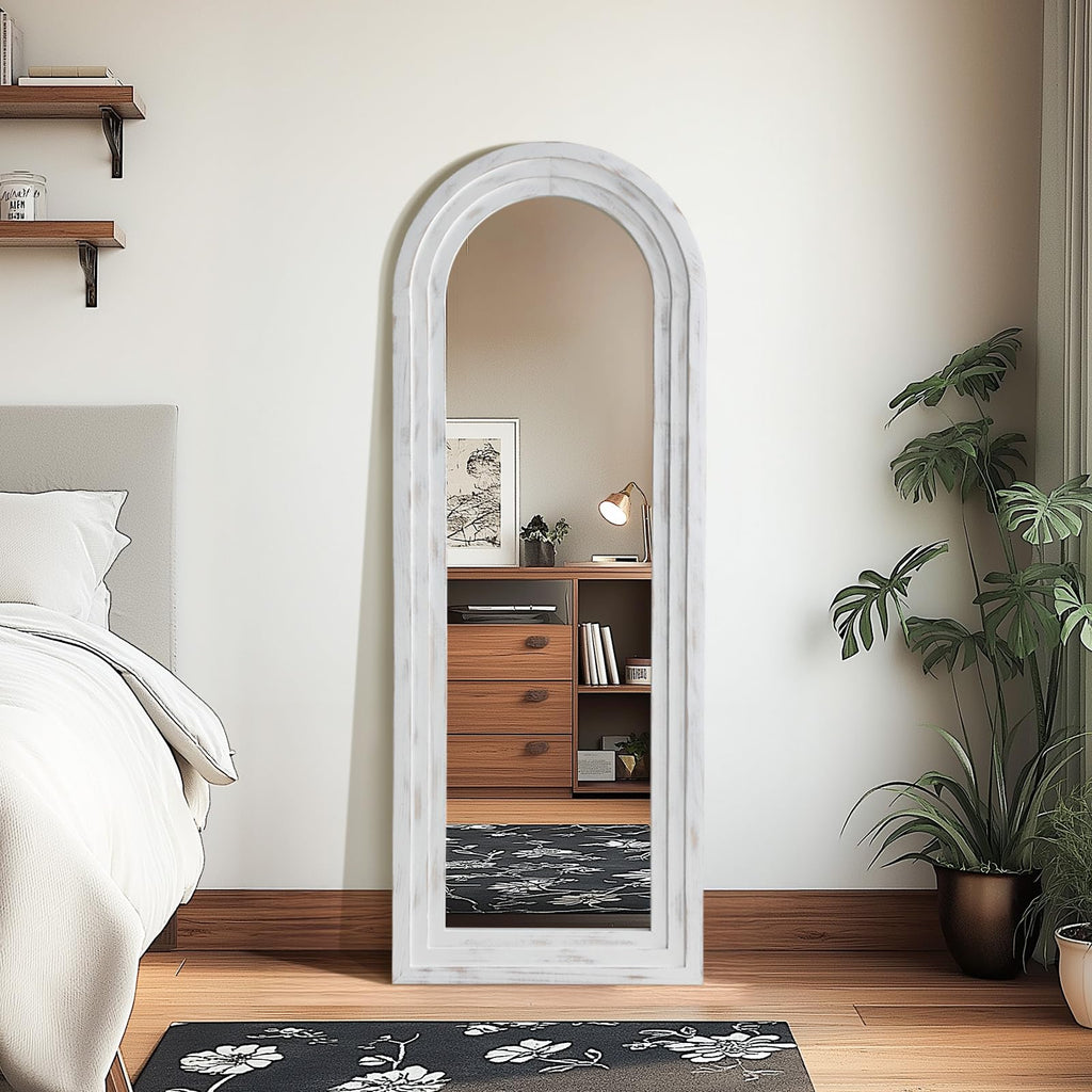 Arched Floor Full Length Mirror with Wood Frame, 56"x21" Rustic