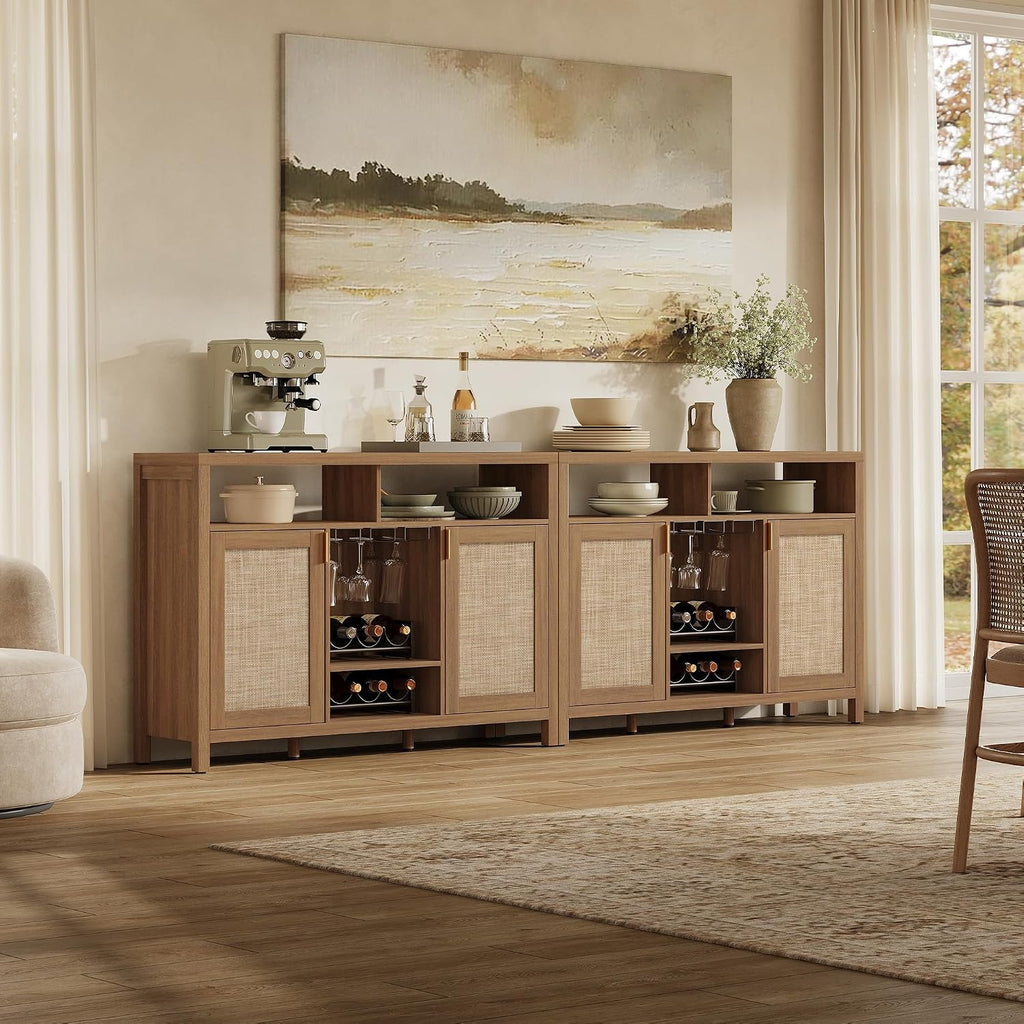 51" Coffee Bar Cabinet with Storage, Rattan Bar Cart Liquor Cabinet | Large Home Bar Table Wine Cabinet with Wine