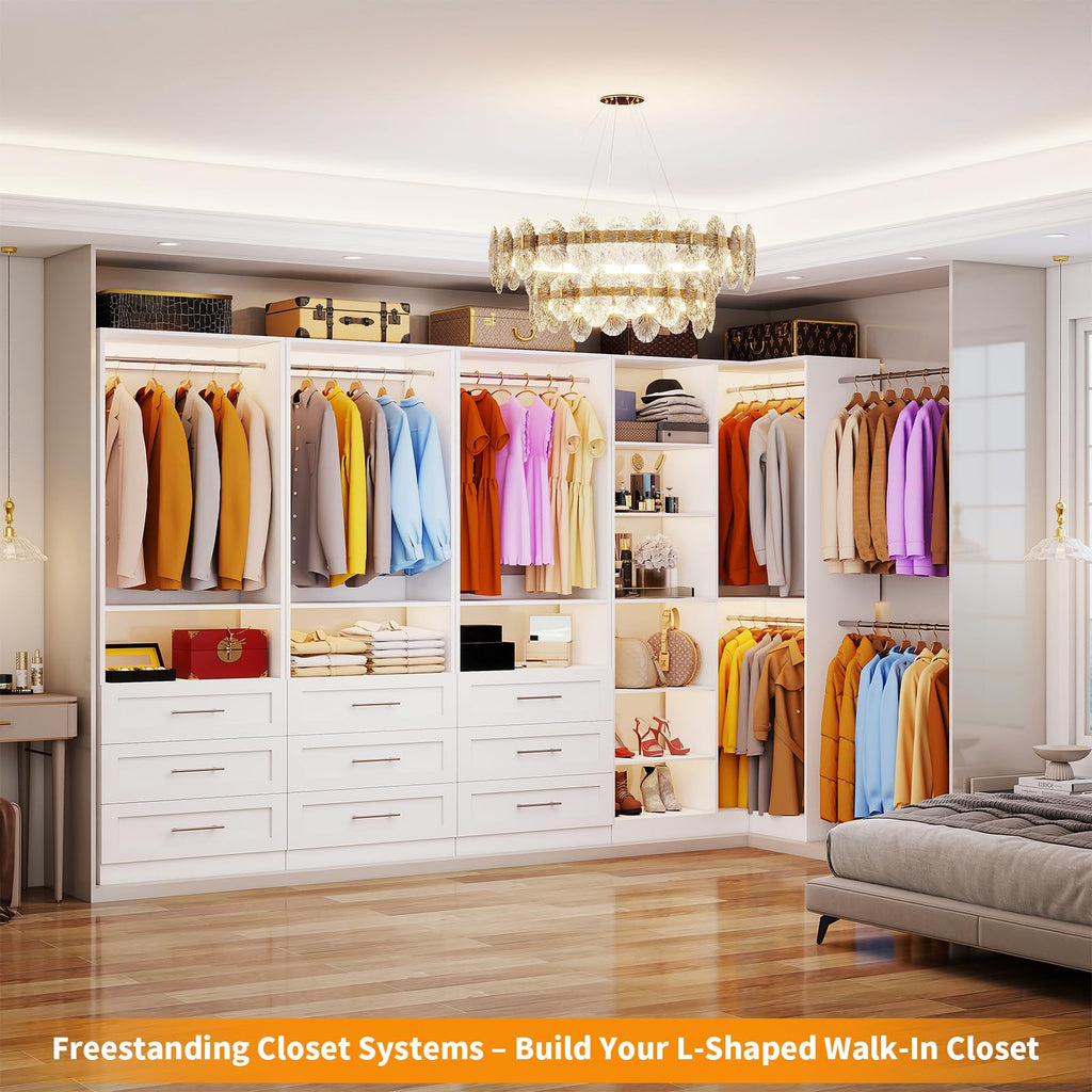 Closet System with 9 Drawers, Corner Closet Organizer Systems with 9 Shelves & 9 Hanging Rods L-Shaped Walk in Closet