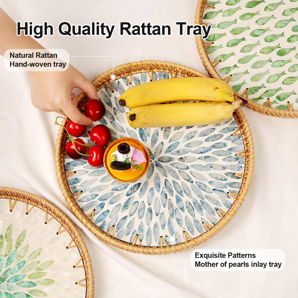 Round Rattan Tray with Mother of Pearl Inlay, Rattan Serving Tray for Coffee, Bread, Fruits, Decorative Wicker Tray