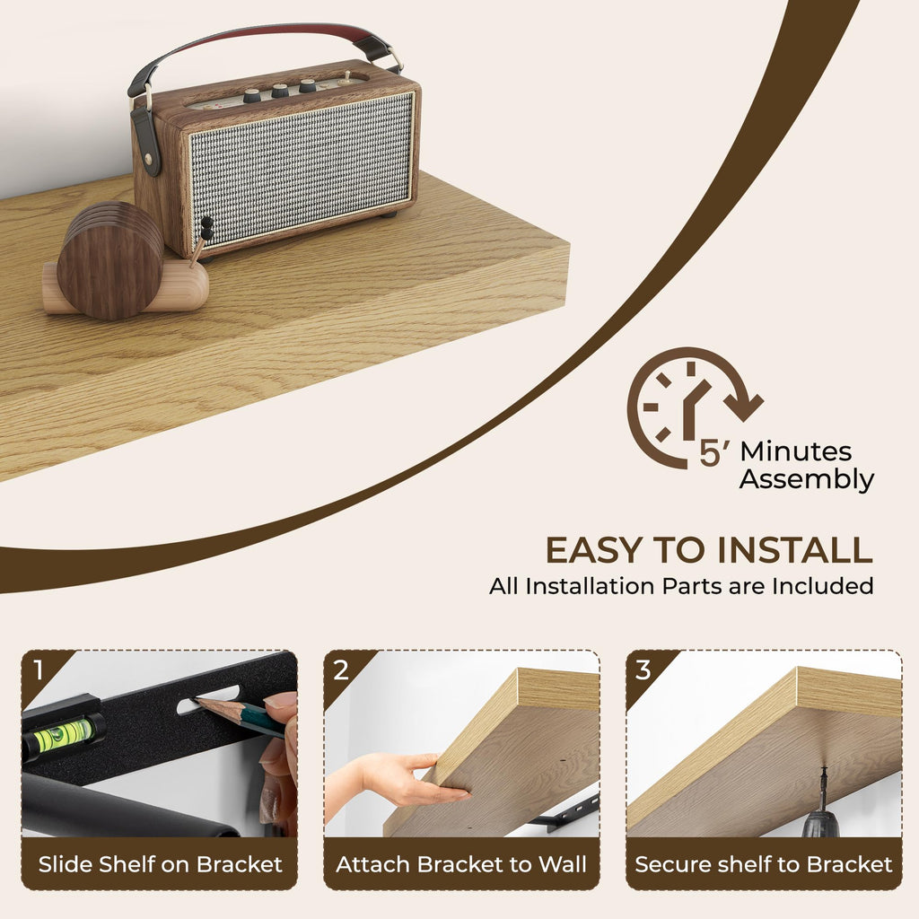 Long Floating Shelves for Wall 2Pack, Oak, 48" Lx8 D