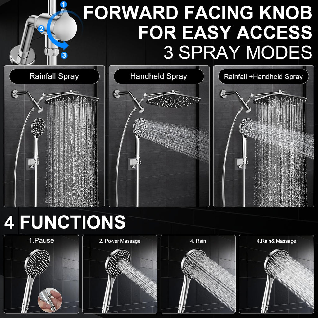 High Pressure Rain Shower Head with Handheld, 11.8-Inch Large Rainfall Shower Head Combo with 3-Way Diverter, 15-Inch