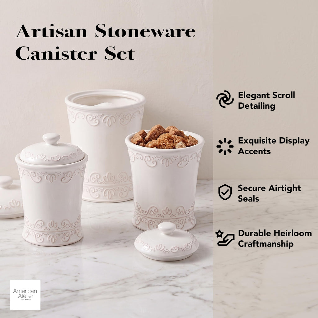 Ceramic Kitchen Canister Set Bianca Scroll White, 3 PC