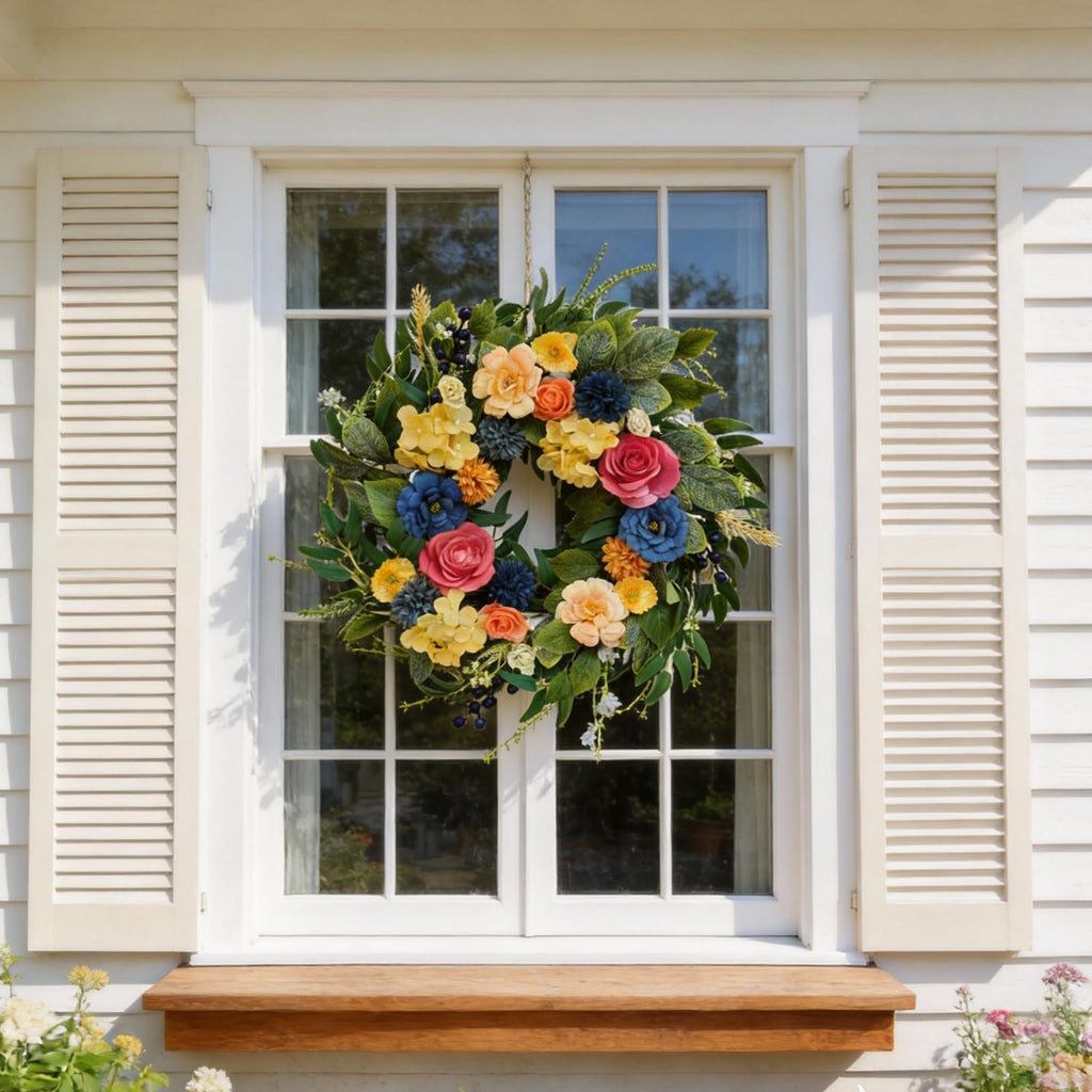 Summer Wreaths for Front Door, 22 Inch Summer Wreath with Roses & Hydrangeas, Outdoor Floral Wreath for Summer Door