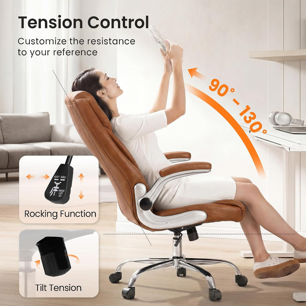 Executive High Back Ergonomic Computer Desk Chair with Adjustable Lumbar Support Padded FILP-up Arms PU Leather Comfy
