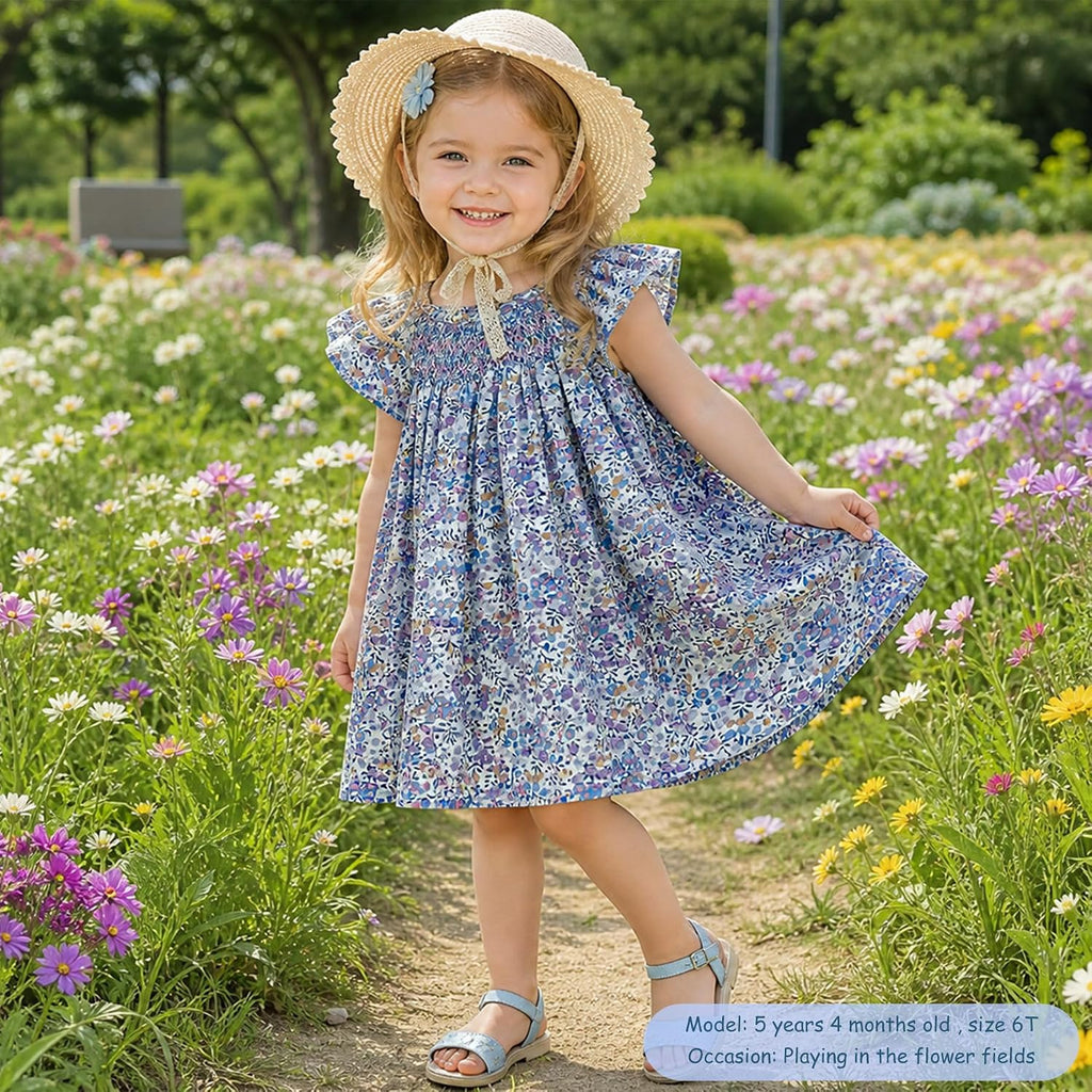Baby Girl Smocked Dress Summer Casual Short Sleeve Dresses Floral Print Sundress Princess Dress for Toddlers