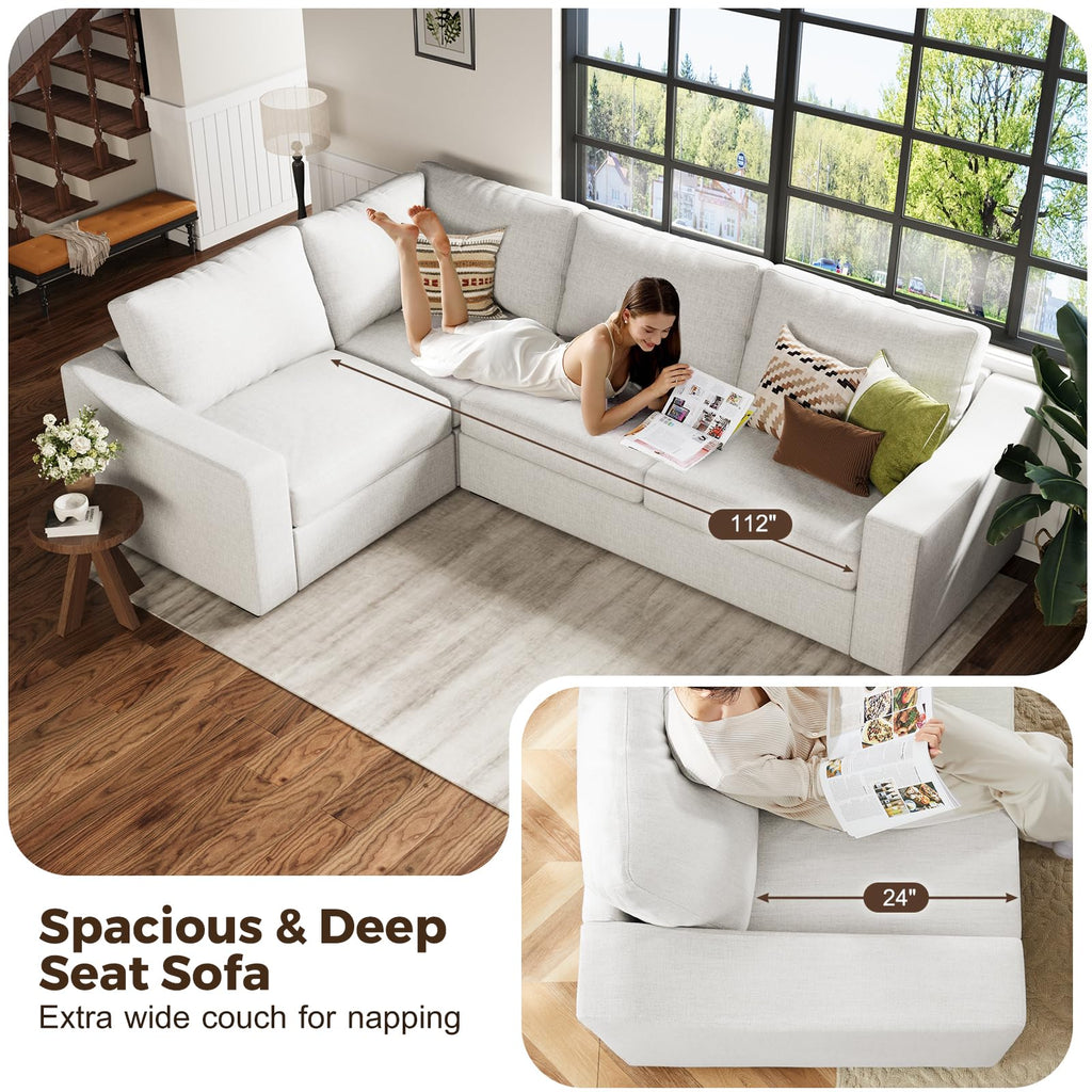 112" Oversized V-Shaped Modular Sectional Couch with Chaise Corner Sectional Sofa, 5-Seater Deep Seat Cloud Couch