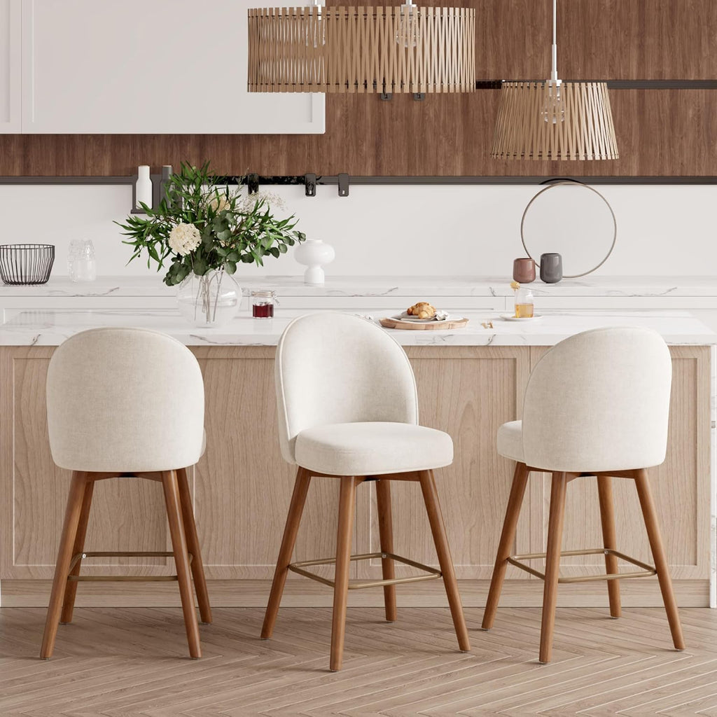 Modern Swivel Bar Stools Set of 3, Chic Upholstered Counter Height（26IN） Bar Chair with Back, Solid Wood Legs