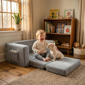 Sherpa Kids Couch, in-1 Fold-Out Comfy Chair for 3+ Years Old, Grey