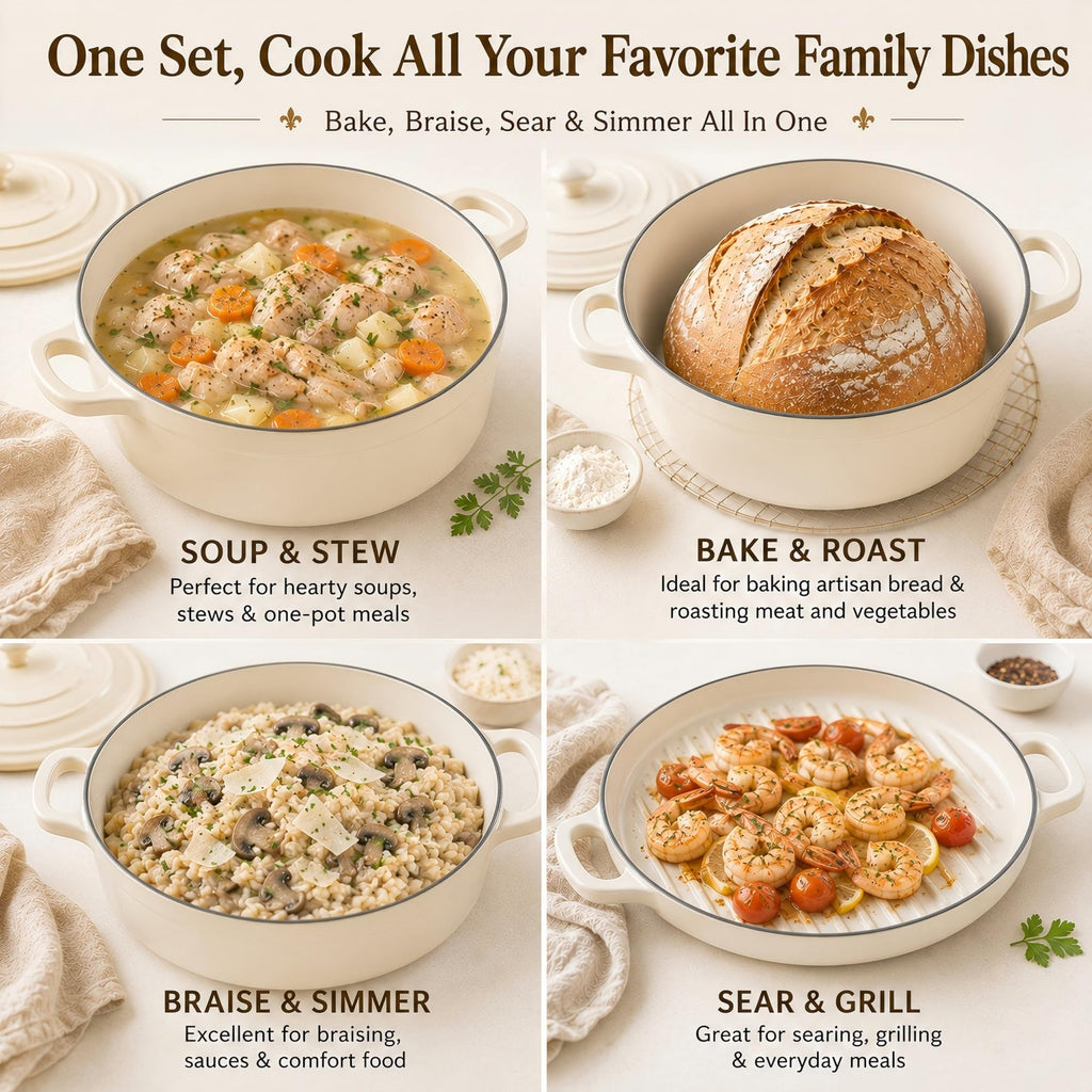 Enameled Cast Iron Dutch Oven Set - 4 Piece Cookware Set with Lids