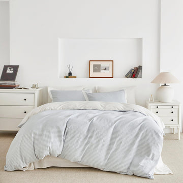 Light Blue Seersucker Duvet Cover 100% Cotton 3 Pieces Set