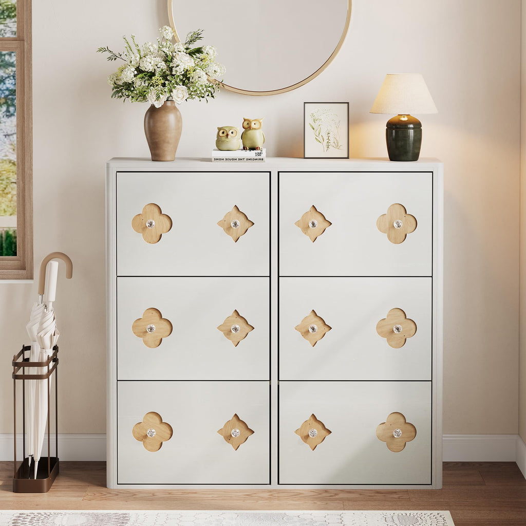 Shoe Storage Cabinet with 6 Flip Drawers, Narrow Wood Shoe Organizer Cabinet with Floral Pattern, Freestanding Slim
