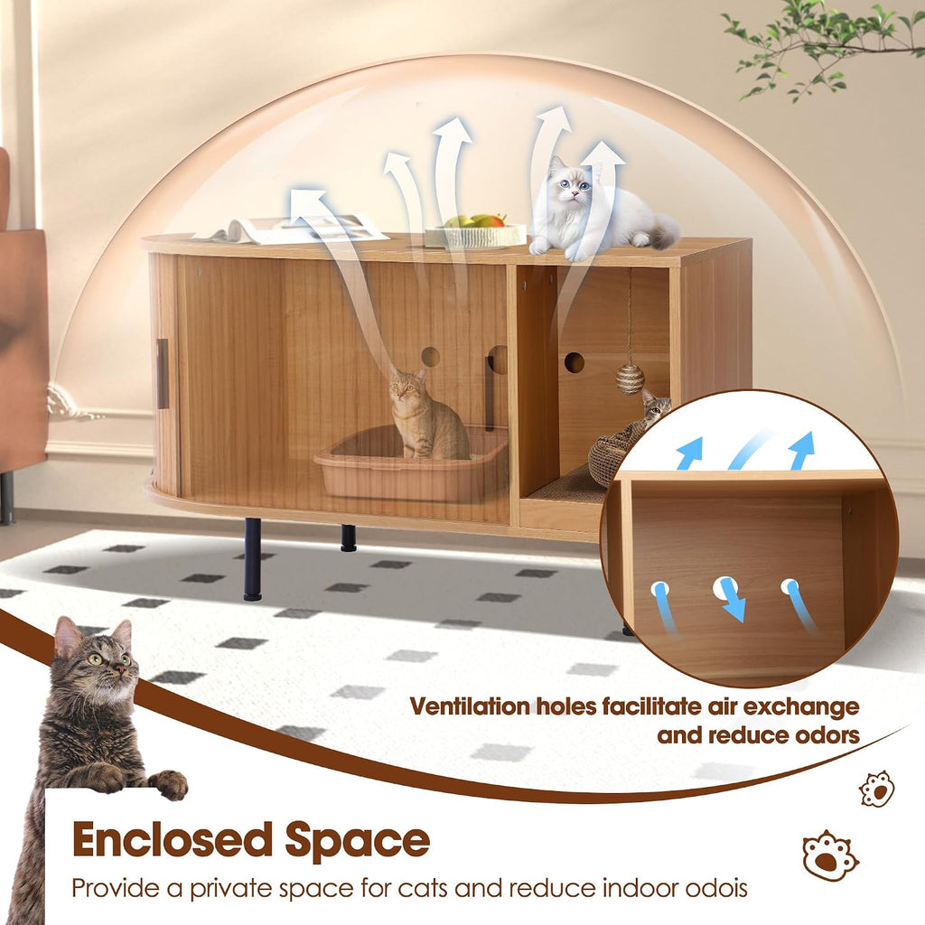 Fluted Cat Litter Box Enclosure, 37.4" Large Hidden Litter Box Furniture, Wooden Litterbox Cabinet with Cat Scratch