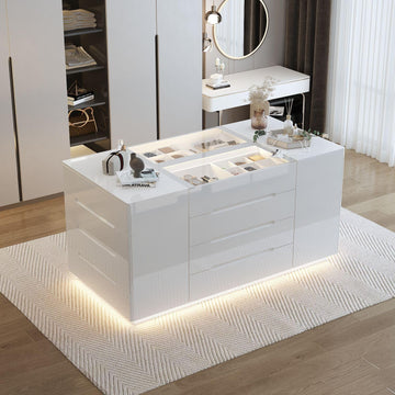 Armoire Bedroom Island Wardrobe Closet Island with 16 Drawers & Glass Tabletop, Island Dresser with Jewelry