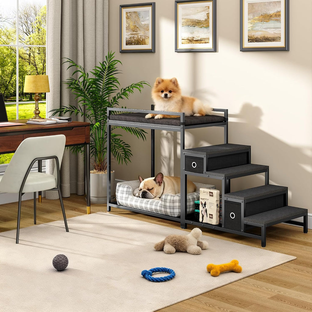Pet Bunk Bed with Stairs and Storage, Dog Beds Attachment to Human Bed, Bedside Dogs Cot for Small, Medium Cats &