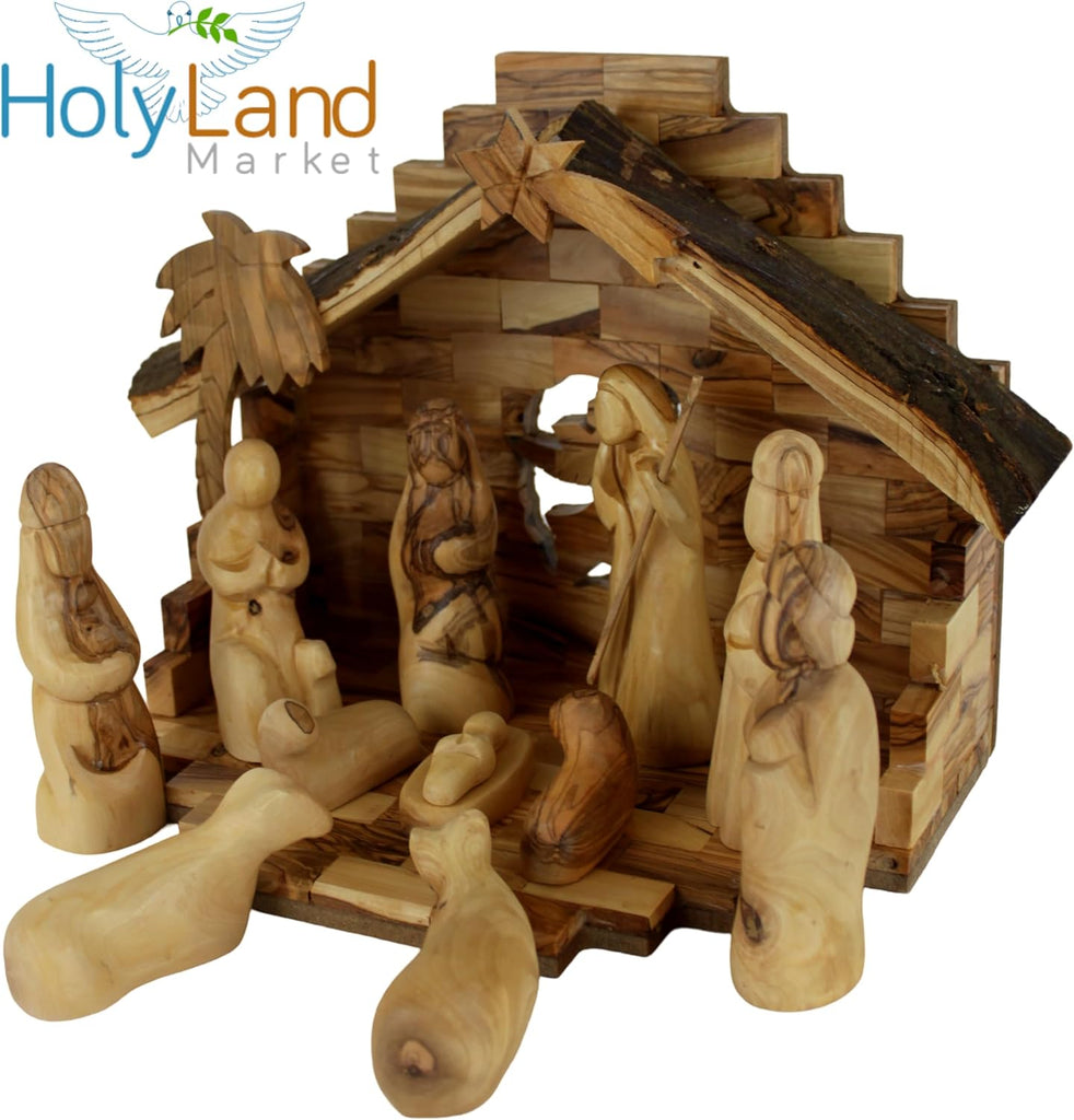 Land Market Traditional Olive Wood Nativity Set - Antique Style Bethlehem Stable, 12 Handmade Pieces - Christmas