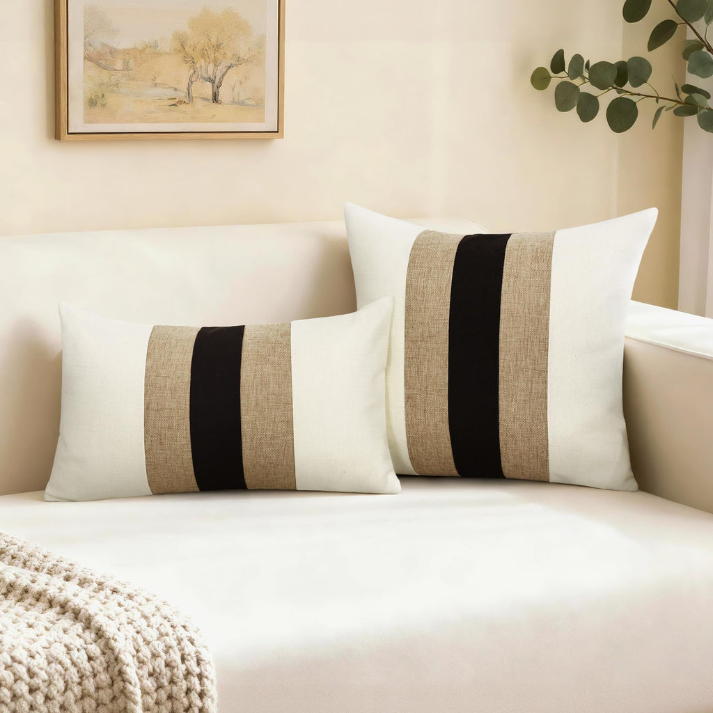 Linen Patchwork Pillow Covers 18x18 Inch Set of 2