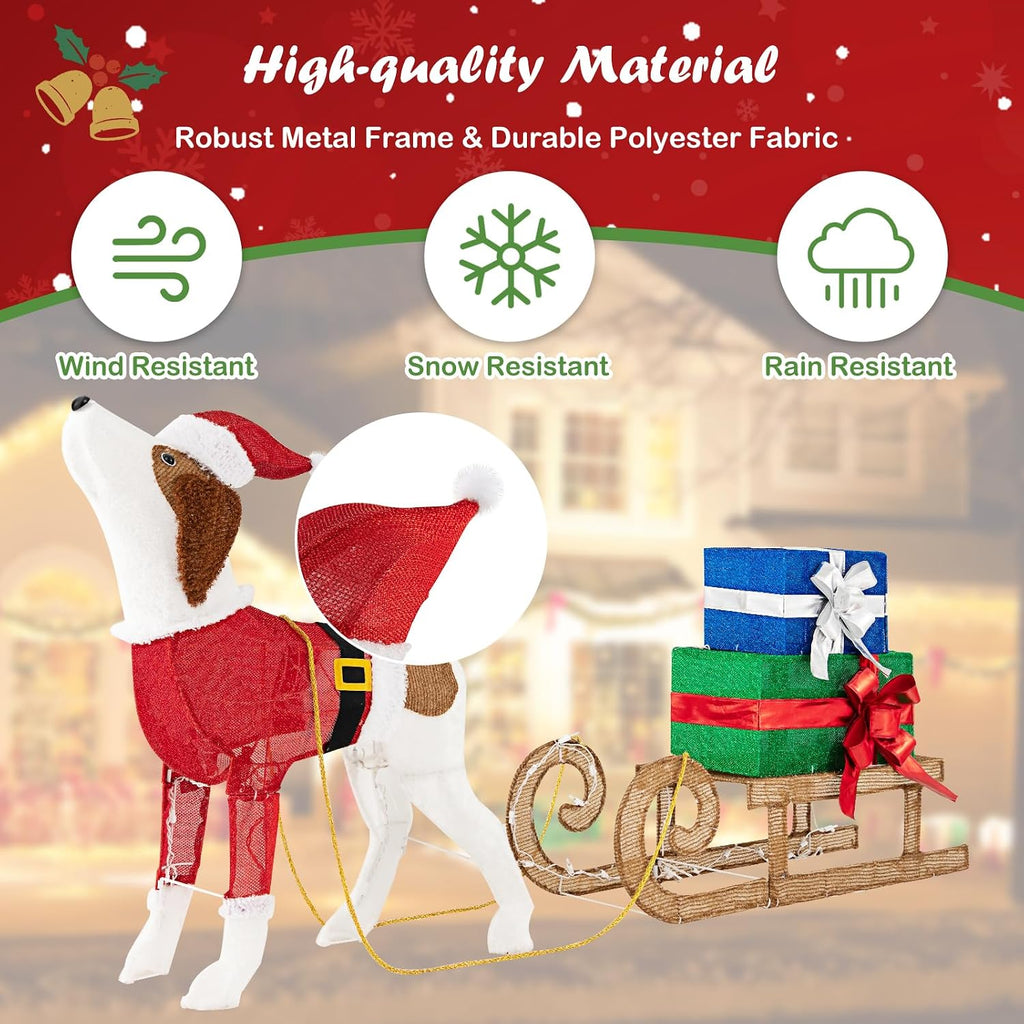 Lighted Christmas Dog with Sleigh & Gift Boxes Combo Decorations, Xmas Lighted Indoor Decorations, Pre-lit Christmas
