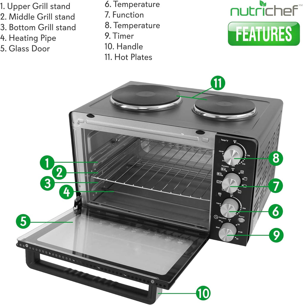 Kitchen 30 Quarts Kitchen Convection Oven - 1400 Watt Countertop, Rotisserie Roaster Grill, Top Rack, Dual Hot Plates