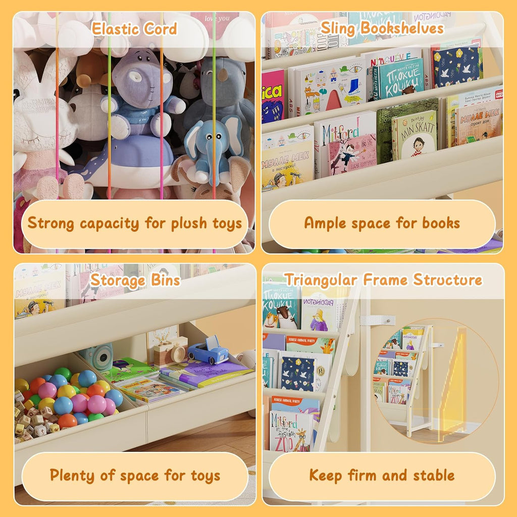 B5 Kids Bookshelf and Toy Storage, Book Shelf for Kids Rooms White | Sling Toddler Book Shelves with Stuffed Animal