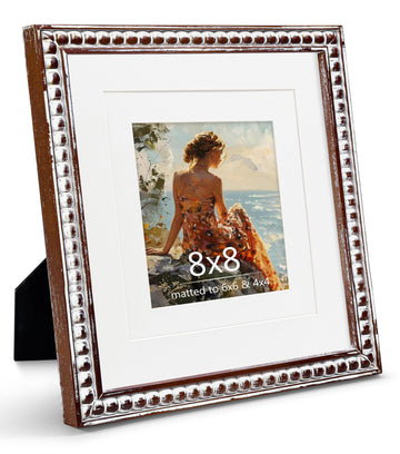 Square 8x8 Picture Frame with Mat for 6x6/4x4, Distressed Beaded Wood, Real Glass, Whitewashed Farmhouse Style for
