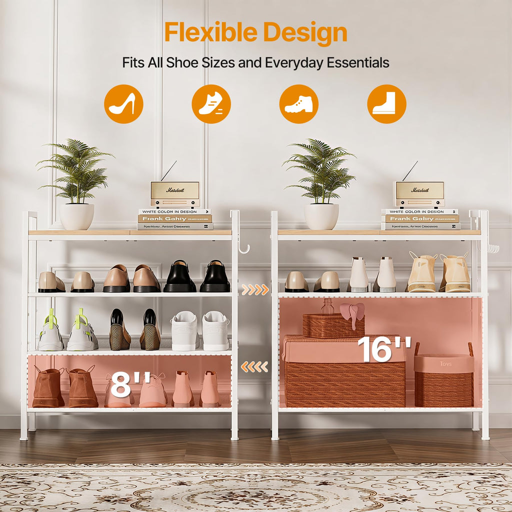 4 Tier Shoe Rack, Shoe Rack with Hook, Shoe Organizer with Adjustable Mesh Shelves, Metal Shoe Storage, Closet