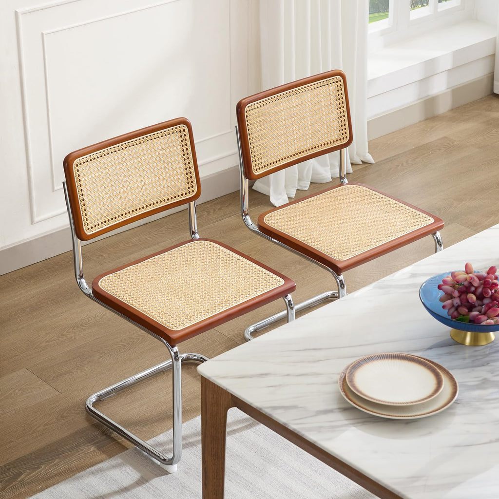 Rattan Dining Chairs Set of 2, Boho Modern Dining Chairs with Rattan Back, Curved Steel Base, Cantilever Kitchen