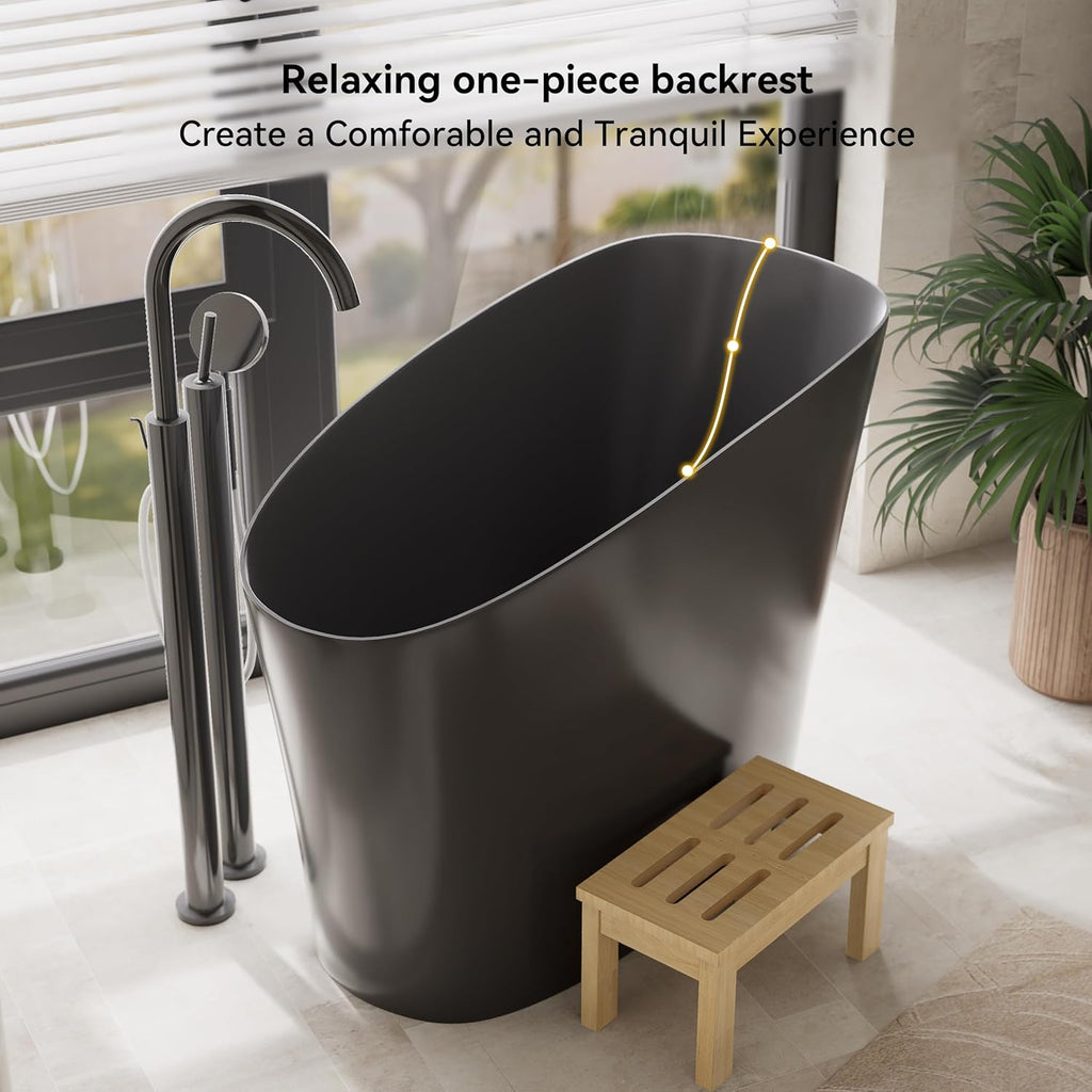 Japanese Bathtub,47" Freestanding Japanese Soaking Tub, Black Stone Resin Deep Tub with Built-in Seat, Modern Oval