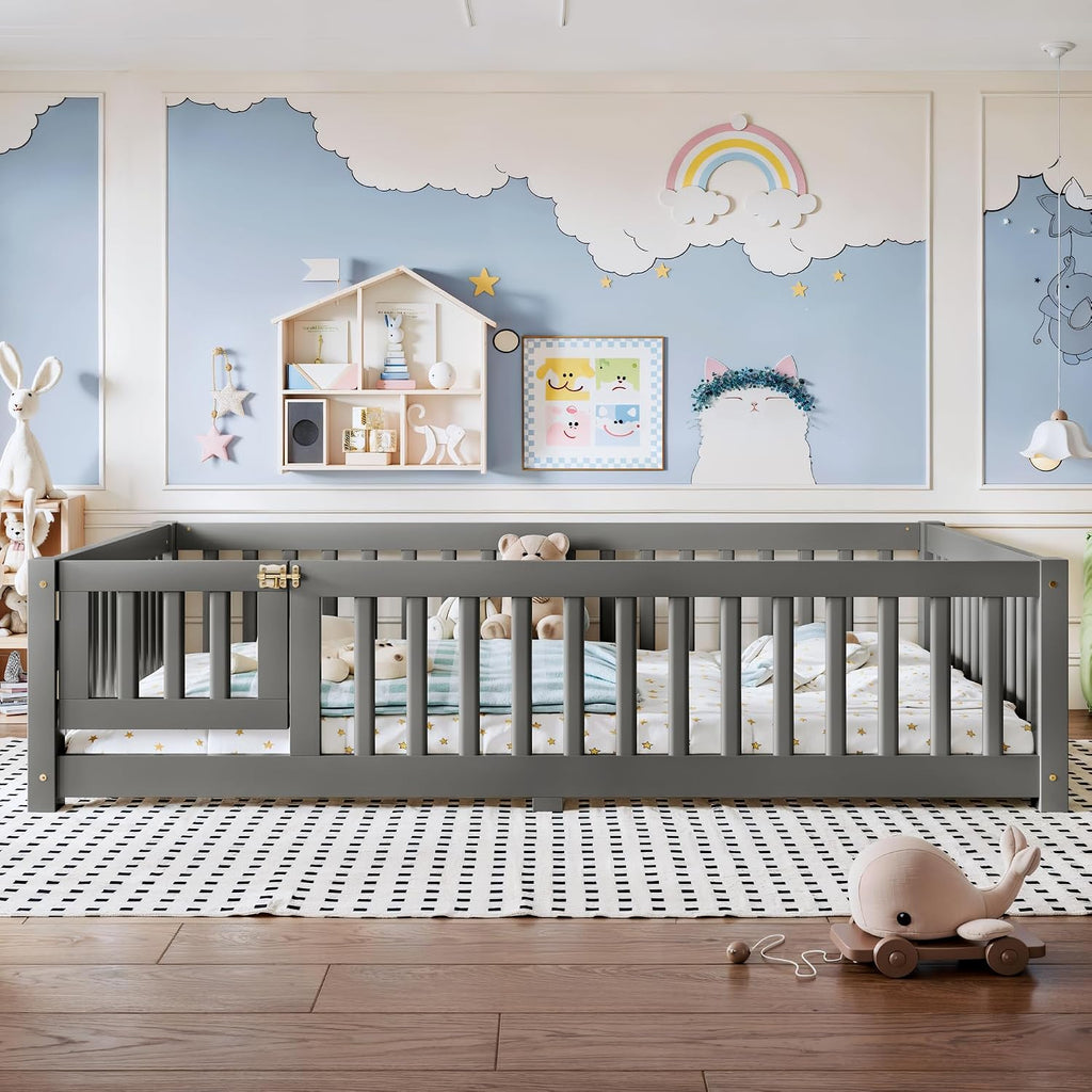 Full Size Montessori Floor Bed Frame with Slats and Fence for Kids, Gray