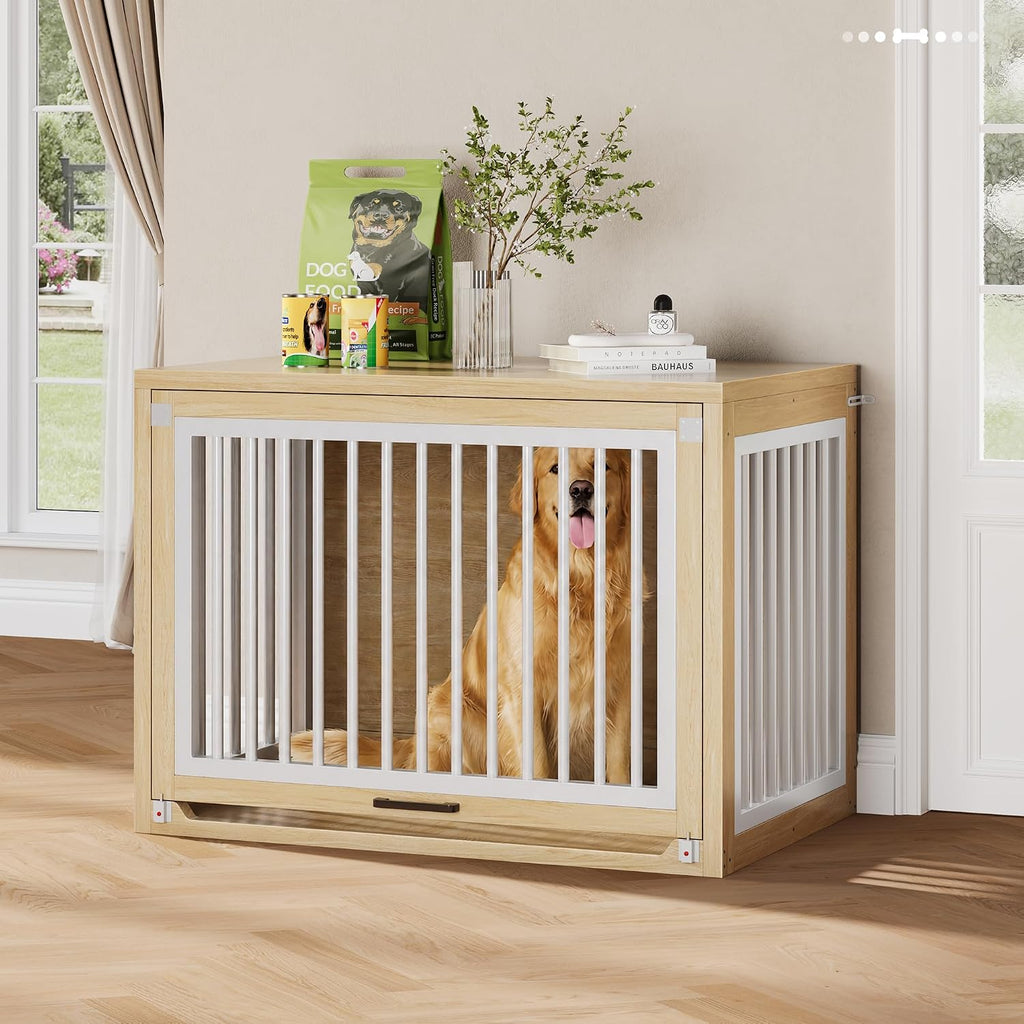 Dog Crate Furniture - 42'' Wooden Dog Kennel for Large Dogs up to 80 lb, Large Dog Crate with Hidden Sliding Door