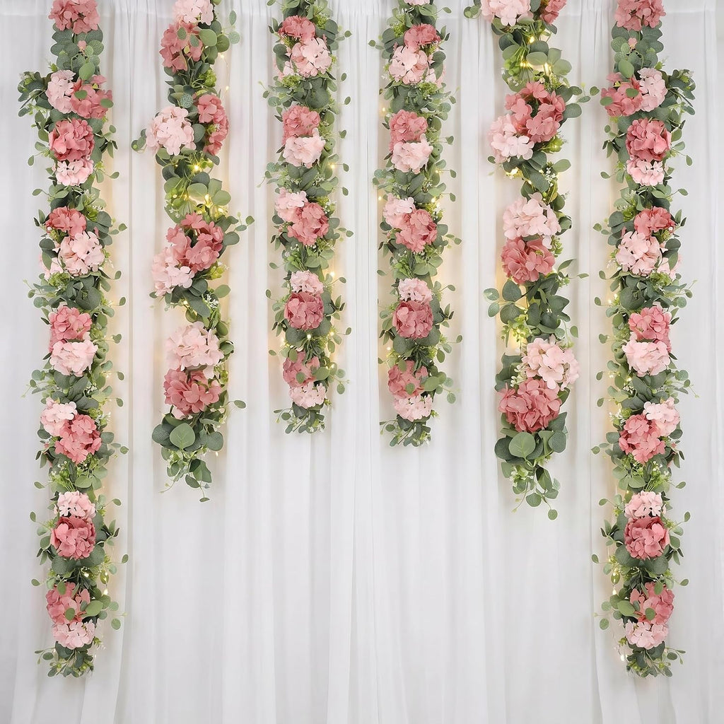 Artificial Hydrangea Flower Garland with Eucalyptus & Baby's Breath 6FT Floral Vines Greenery Garland for Mantel - Set of 2