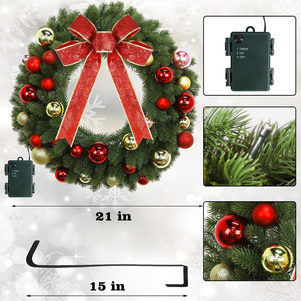 21 Inch Pre-Lit Christmas Wreath with Metal Hanger, Lighted Xmas Folded Wreath with 60 LED Lights, Red Bow