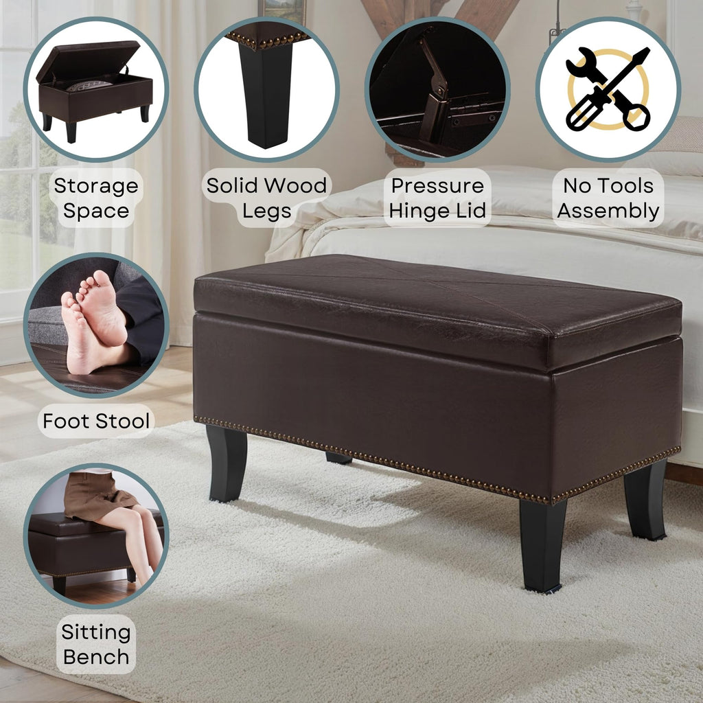 Designs4Comfort Winslow Storage Ottoman Bench 32" - Transitional Upholstered Footstool & Seat, & Bedroom, Espresso