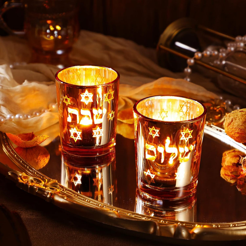 Shabbat Candles Holders Gold Jewish Judaica Gift Set Electroplated Glass Modern Shabbat Candlestick Holders - Set of 2