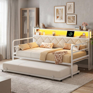 Twin Daybed with Trundle and Charging Station, White