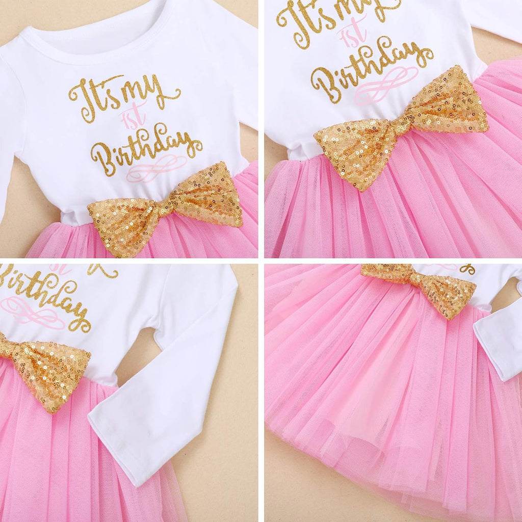 Baby Girls Toddlers My 1st / 2nd / 3rd Birthday Long Sleeve Tutu Dress with Bowknot Headband 2pcs Clothes Set
