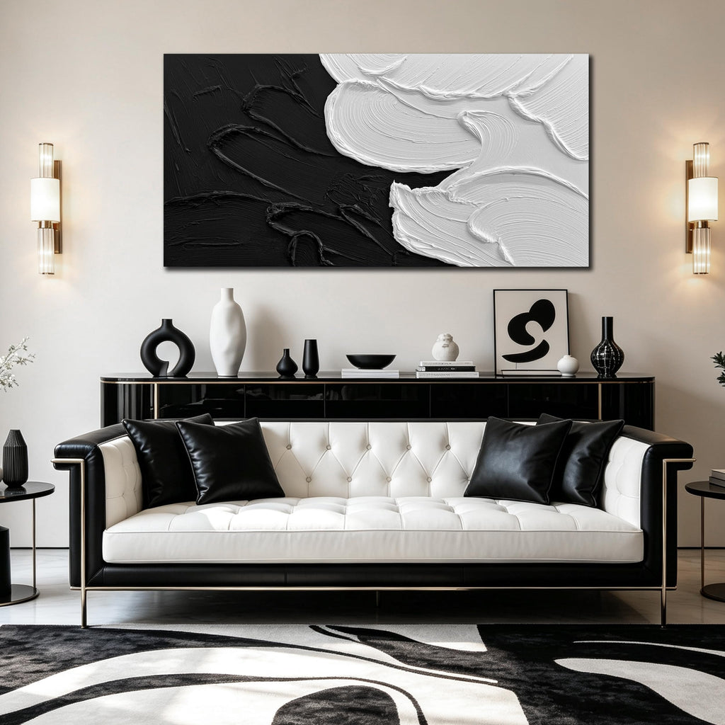 Black and White 3D Textured Abstract Oil Painting 48x24 Inch