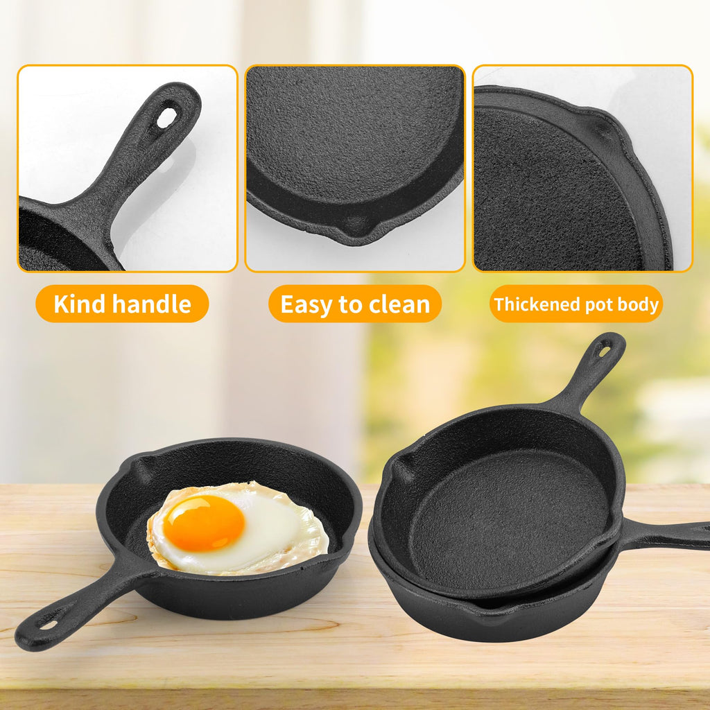 4 Inch Mini Cast Iron Skillet, Black, Set of 6